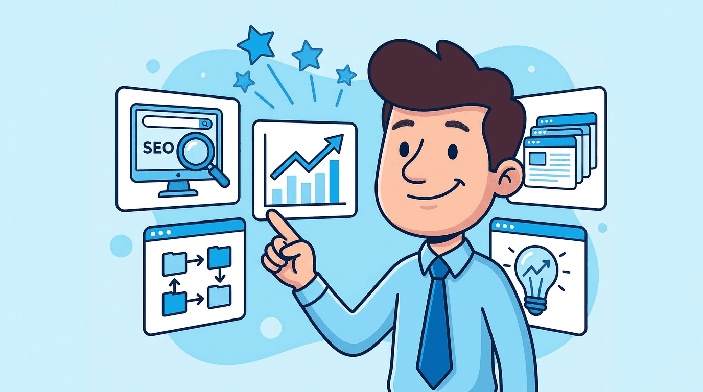 Ilustracao sobre SEO, conteudo e estrategias para aumentar os visitantes do site da empresa