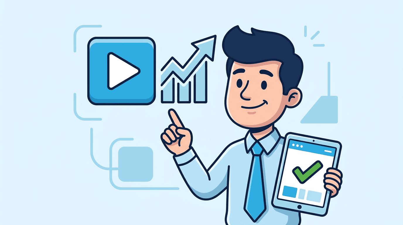 Vídeos para startups: ilustração de profissional apontando para ícone de vídeo com gráfico de crescimento e tablet com checklist